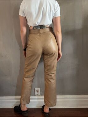 Vintage Genuine Leather Straight-Leg Pants- Tan